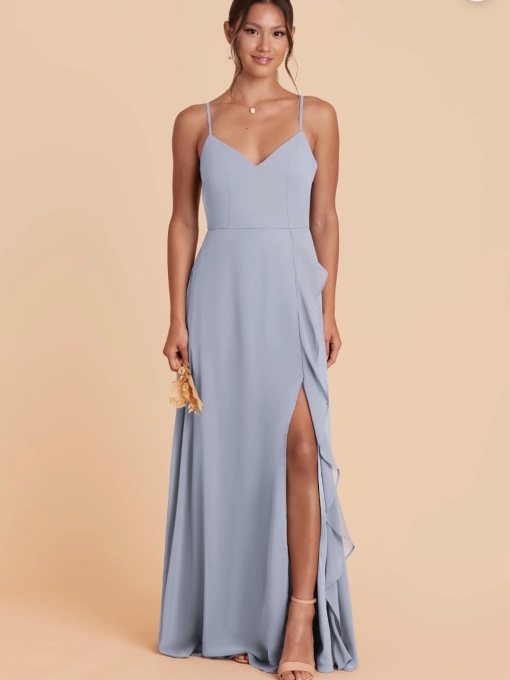 Birdy Grey Chiffon Dusty Blue Spaghetti Strap V-Neck bridesmaid Dress